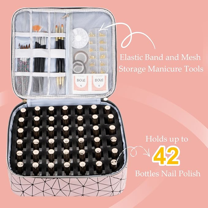 Uross Nail Polish Organizer Bag Holds 42 Bottles Nail Polish & Nail Lamp, Gel Nail Polish Organizers and Storage box for Nail Tech, Nail Kit Supplies Organizer Case - Lightpink - Image 2