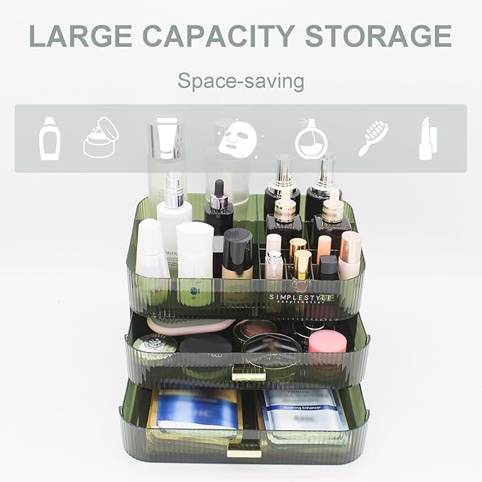 Makeup Organizer with 2 Drawers, Cosmetics Organizer for Bedroom and Bathroom Vanity Countertops, Large Capacity Cosmetic Storage Box for Skincare Cream Perfume Lipstick Dresser Counter-Green - Image 3