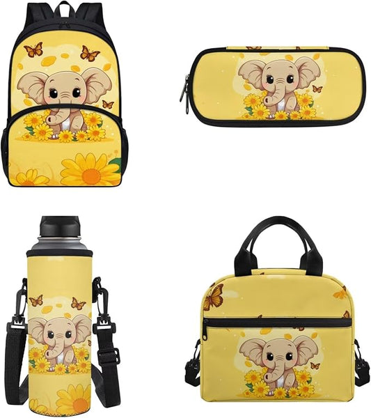 POLERO Cute School Bag Bookbag for Teen Girls Sunflower Butterfly Elephant Backpack Set with Lunch Box Pencil Case Water Bottle Holder by WelcometoPOLERO