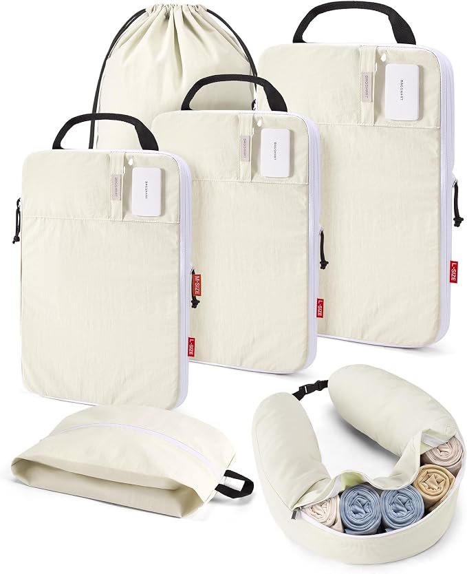BAGSMART 6 Set Compression Packing Cubes Travel Essentials with Neck Pillow | Premium taslan organizer bags for budget airline carry-ons, luggage, suitcases, closets, cruises by BAGSMART