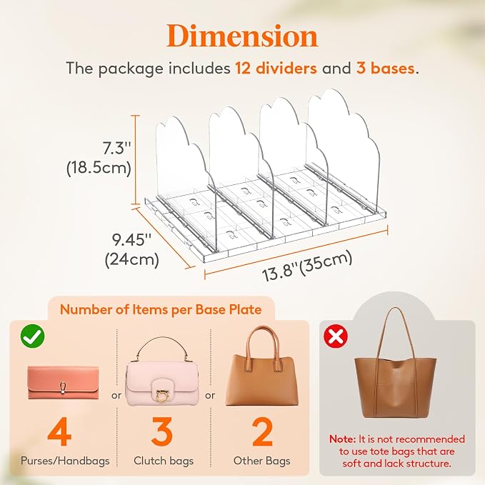 Lifewit Purse Organizer for Closet, Clear Handbags Storage Organizer, Adjustable Clutch Purse Storage Organizer Holder for Closet, 3 Pack Bookshelf Dividers for Sweater in Bedroom 35 x 24 cm/14 x 9.5" - Image 2