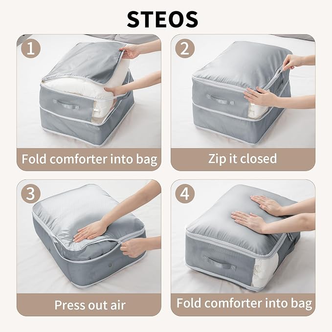 DIMJ Comforter Storage Bag - Large Capacity Ultra Space Saving Self Compression Organize for Duvet, Pillow, Bedding, Blanket Storage Organizer Nylon Compression Bags, Sheet Storage with Zipper, 4 Pack - Image 5