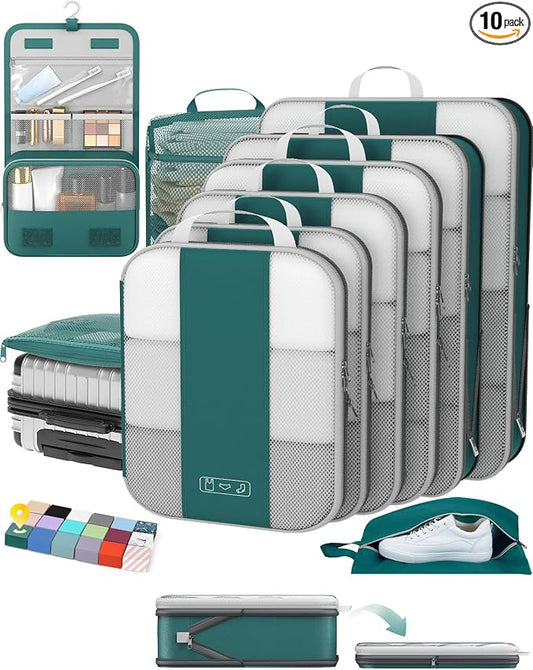 OlarHike 10 Set Compression Packing Cubes for Travel Essentials,Compressible Expandable Space Saver Bags for Organizing Clothes,Luggage Garment Bags with Over 1000 pcs Mesh Holes(Dark Blue Green) by OlarHike