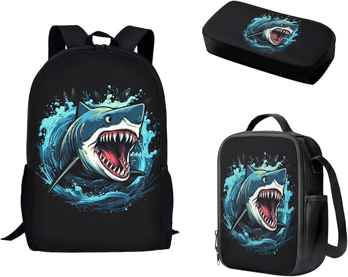 Mumeson 3PCS 17 Inch Kids Backpack with Lunch Box,Shark Lightweight Travel School Backpack,Back to School Boys Girls Laptop Bags by Mumeson