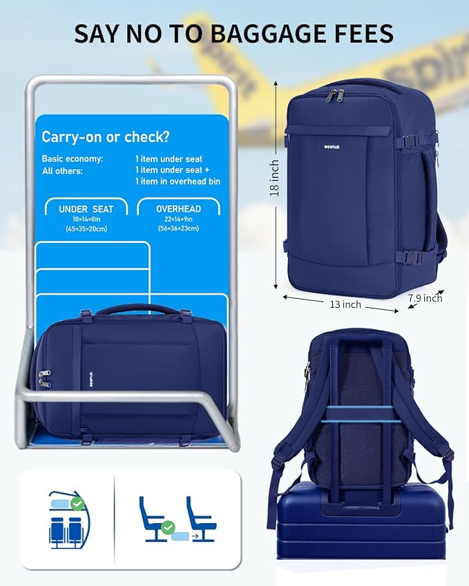 ECOHUB Travel Backpack for Men Women, Carry on Backpack with USB Charging Hole, Spirit Airlines Personal Item Bag Flight Approved, 15.6 Inch Laptop Backpack with Anti Theft Pockets, 30L, Navy Blue - Image 2