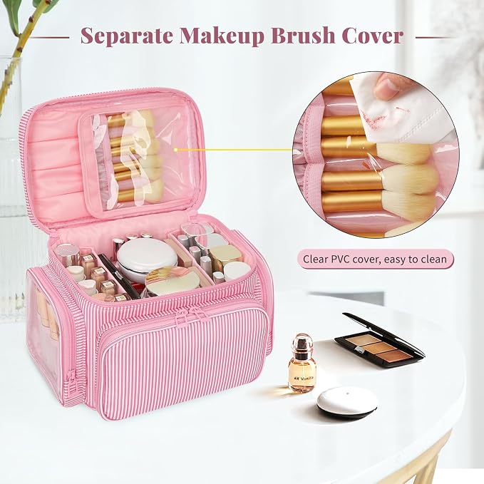 Large Makeup Bag, Portable Travel Makeup Bag Organizer for Women Girls with Makeup Brush Compartment & Two Side Pockets, Cosmetic Travel Bag Vertical Storage Toiletry Bag - Pink Stripe - Image 3
