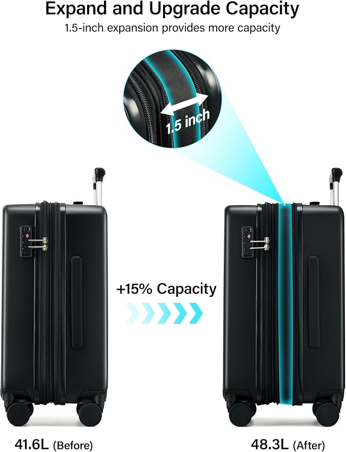 Hanke 20 Inch Expandable Carry On Luggage, 22x14x9 Airline Approved, TSA Lock Hard Shell Lightweight Suitcase for Men Women (Jet Black) - Image 3