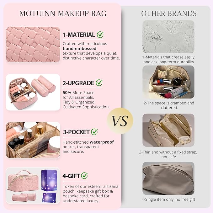 Travel Makeup Bag for Women: 3 Pcs Set Cosmetic Bags for Women - Large Capacity Vagen Leather Hand-made for Toiletry Organizer - Waterproof Ladies Travel Flat Open Essentials for Luxury (01Pink) - Image 5