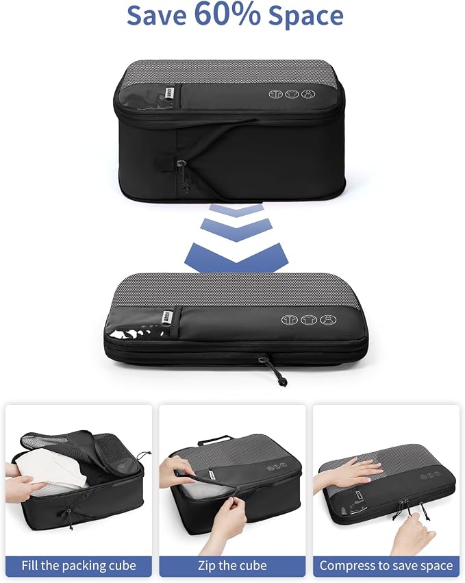WANDF 7 Set Compression Packing Cubes for Travel, Shirt Folder for Wrinkle-Free, Suitcase Organizer Bags Set for Carry-On Checked Luggage Duffle Bag Women Men(Black) - Image 5