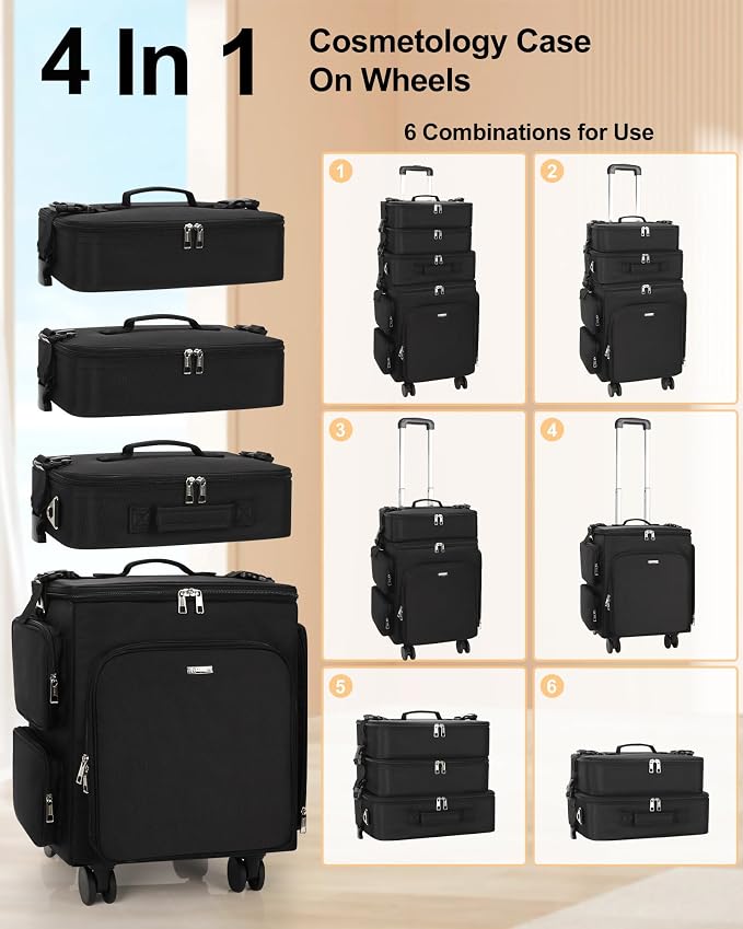 Relavel Rolling Makeup Case, 4 in 1 Hairstylist Traveling Bag Cosmetology Case on Wheels Large Hair Tools Cosmetics Train Case Makeup Artist Organizer (black with 4 additional small bags, Extra Large) - Image 4
