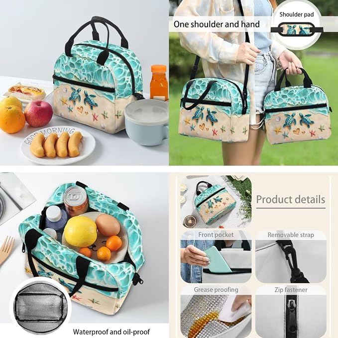 School Backpack Set, Sea Turtle Starfish Print Portable School Bags with Water Bottle Carrier Lunch Boxes Pencil Cases for Teens Student Bag Daypack Set 4 in 1 - Image 4