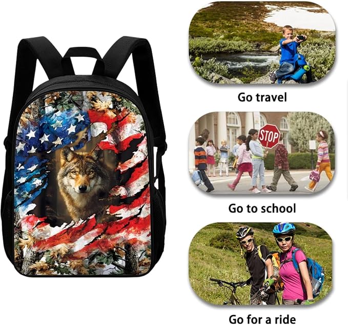 Camo Forest American Flag Wolf Print Schoolbag Set for Boys, 4th of July Backpack Set with Lunch Box and Pen Case, Casual Daypack Suitable for School, Picnic or Travel - Image 3