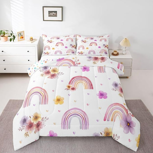 Girls Rainbow Comforter Set Full, Flower Petal Bedding Set For Kids Children Women, Rainbow Stripes Floral Duvet Insert Hand Drawn Iridescent Bedding Comforters With 2 Pillow Cases, Colorful by Erosebridal