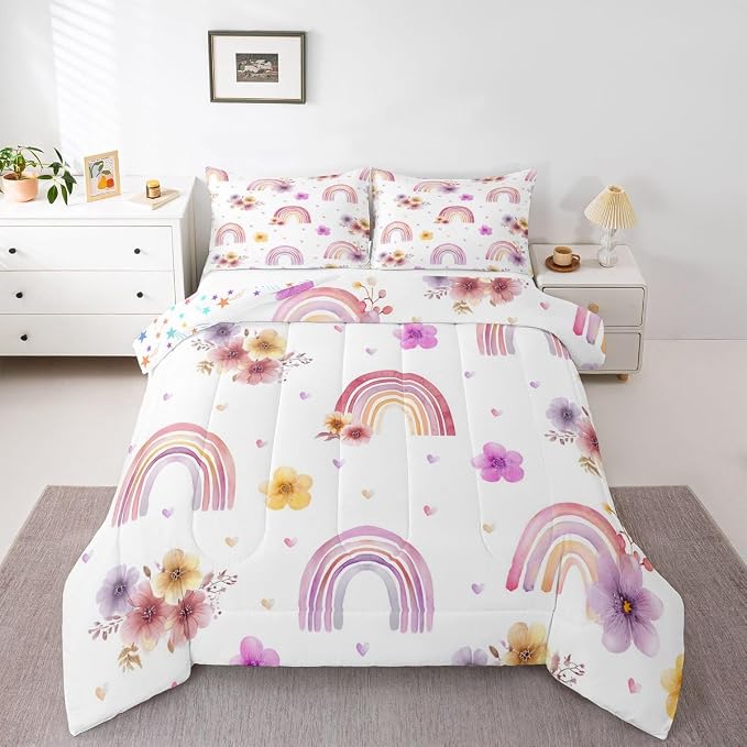 Girls Rainbow Comforter Set King, Flower Petal Bedding Set For Kids Children Women, Rainbow Stripes Floral Duvet Insert Hand Drawn Iridescent Bedding Comforters With 2 Pillow Cases, Colorful by Erosebridal
