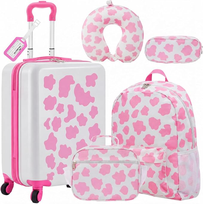 Redbaker 6 Pcs Kids Luggage Set, 17 Inch Rolling Suitcase with Backpack Lunch Bag Neck Pillow, Pink and White Cow Travel Set for Summer Vacation Sleepover Back to School Gift by Redbaker
