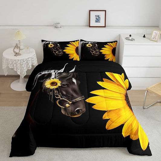 Erosebridal Horse Comforter Set Full,Sunflower Horse Bedding Set for Boys Girls Teens Adults,Western Cowboy Farmhouse Down Comforter Farm Animal Quilt Duvet Sets Bedroom Decor 2 Pillow Cases Black by Erosebridal