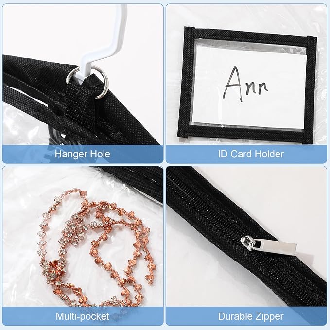 6 Pcs 24'' x 50'' Clear PVC Garment Bag Dance Costume Competition Bag with Rack Zippers Pockets Hanging Garment Covers Costume Organizer Costume Carrier for Adults Kids(Transparent Black) - Image 3