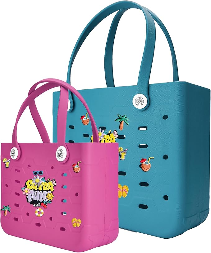 2-Pack Beach Bags Medium & Small,Waterproof Sandproof Rubber Tote Set for Women Men, Vacation Pool Boat Essentials by Unknown