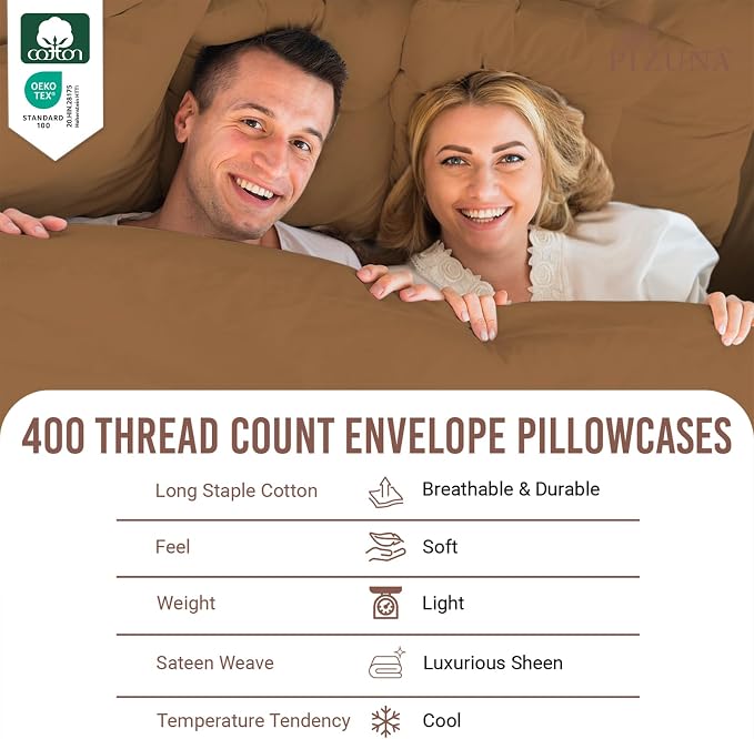 Pizuna Pure 100% Cotton Pillow Cases King Size Set of 2 Mocha Brown, Luxurious 400 Thread Count Long Staple Cotton Sateen with Envelope Closure (Combed Mocha Brown Cotton Pillow Cases King) - Image 4