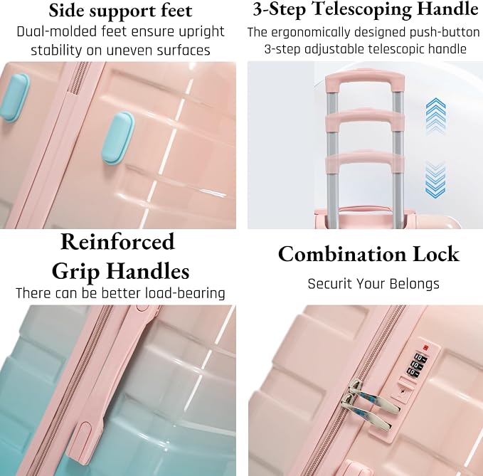 3-Piece Luggage Set 20/24/28’’ Hard-shell with 360° Spinner Wheels, Gradient Color Suitcase with Combination Lock, Lightweight PC Material, (Blue + Pink) - Image 2