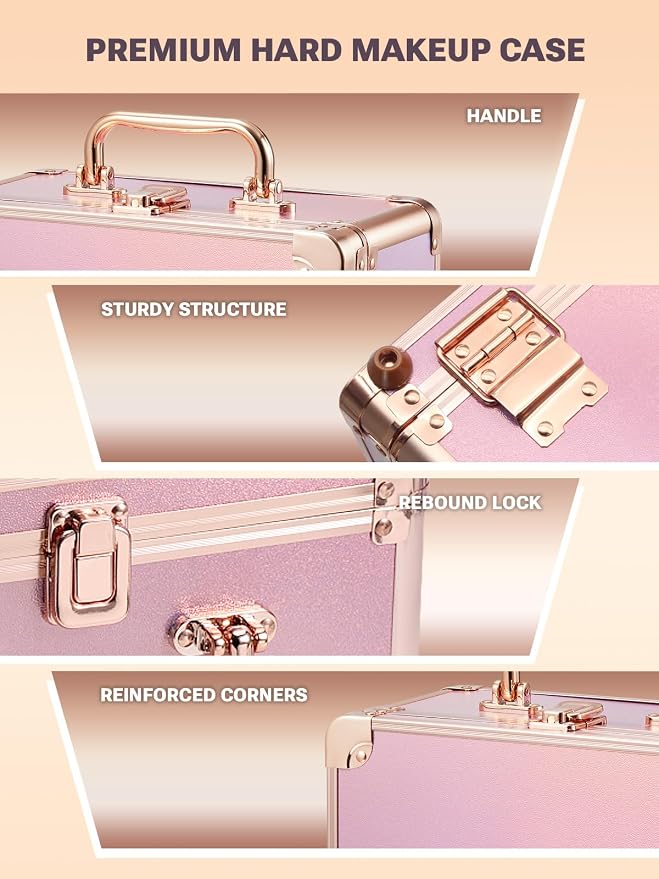 Qislee Makeup Box with Detachable Magnetic LED Mirror, Travel Train Case | Makeup Organizer, Cosmetic Travel Bag for Women, Adjustable Dividers, Brush Slots, Skincare Storage, Sparkling Gradient Pink - Image 4