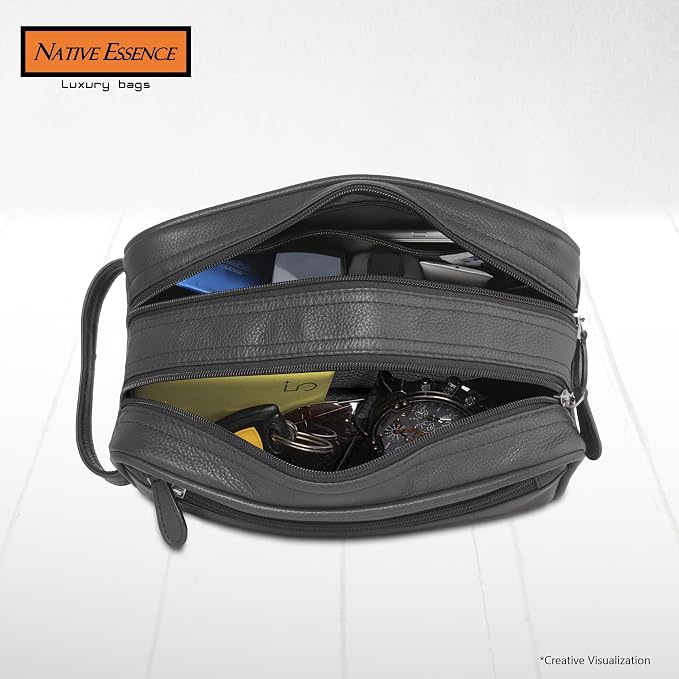 NATIVE ESSENCE Genuine Leather Toiletry Bag for Men & Women, Black | Dopp Kit, 2 Compartments, Travel Shaving & Grooming Organizer - Image 2