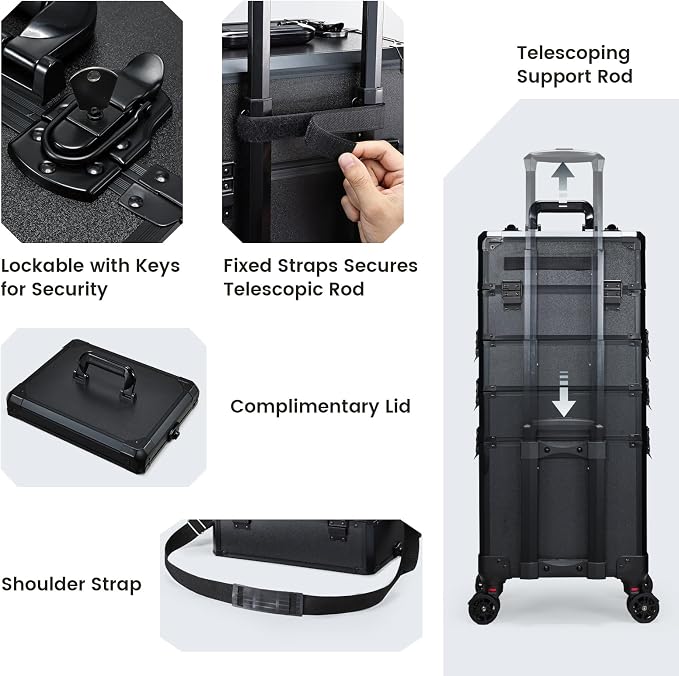 Rolling Makeup Case Makeup Train Case with Lid 5 in 1 Cosmetology Case on Wheels Cosmetic Trolley Organizer Large Makeup Organizers Case Profesional Cosmetic Case for Salon Barber Nail Beauty, Black - Image 7