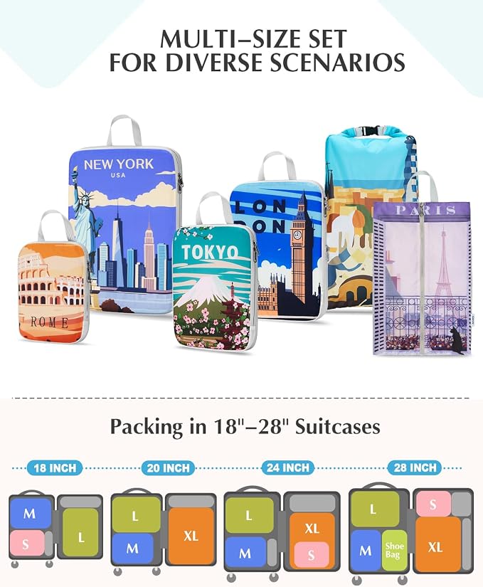 Gonex Compression Packing Cubes, 6pcs Expandable Storage Travel Luggage Bags Organizers with Shoe Bag Laundry Bag, Travel Cubes for Suitcase Carry On (Urban Landscape) - Image 5