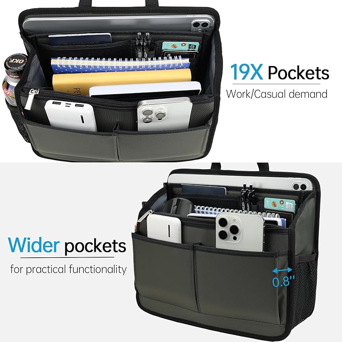 Small Rugged Organizer Insert for Briefcase Tote Shoulder Messenger Bag-19 Pockets,Padded Water-repellent Nylon-Gray - Image 3