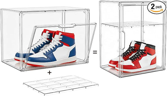 Attelite Shoe Storage Clear Shoe Organizer Boxes With 1 Adjustable Divider, Acrylic Sneaker Shoe Display Case With Magnetic Door,Clear Plastic Stackable Storage Bins With Lids,2 Pack by Attelite