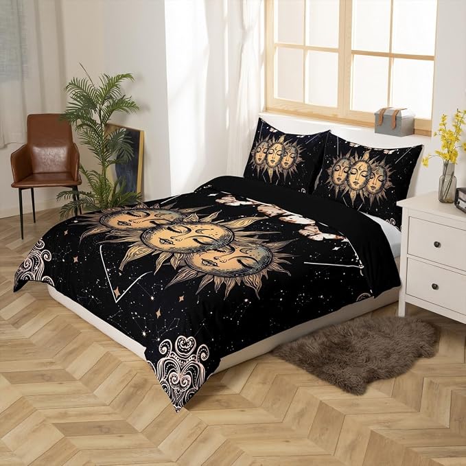 Sun and Moon Bedding Set Twin for Women Boys Mandala Print Comforter Golden Death Moth Duvet Cover Girls Teens Exotic Starry Sky Bedspread Decor Bedding Collections - Image 2