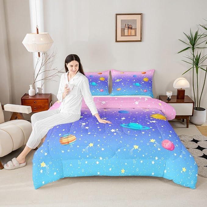Erosebridal Cute Galaxy Comforter Set King for Boys Girls Kids Stars Planet Space Bedding Set Kawaii Rainbow Pastel Bedding Comforter Sets Pink Blue Purple Ombre Cartoon Quilt Duvet 2 Pillow Cases - Image 4