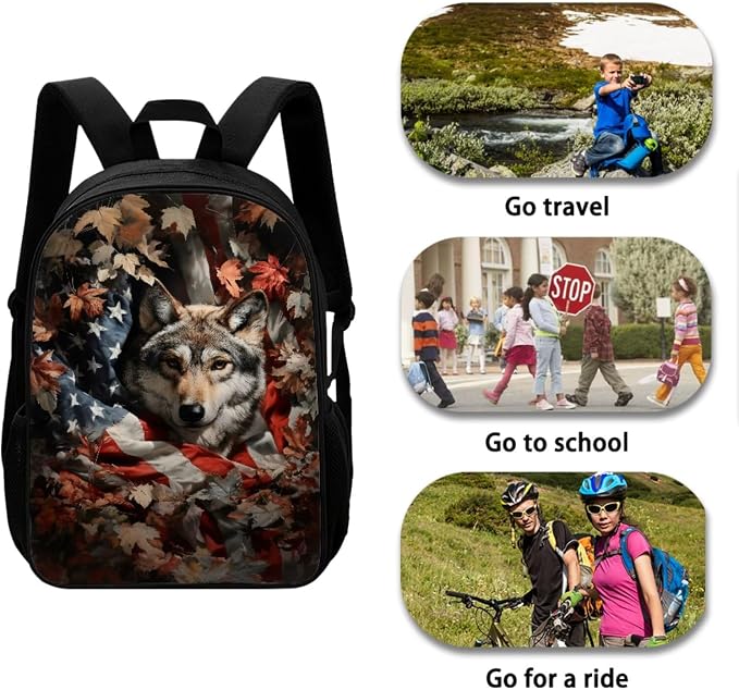 Wolf American Flag Maple Leaf Print Backpack Set for Boys and Girls, 4th of July Large Lightweight Students Schoolbag Set, Knapsack Set with Portable Lunch Box Pencil Case - Image 3