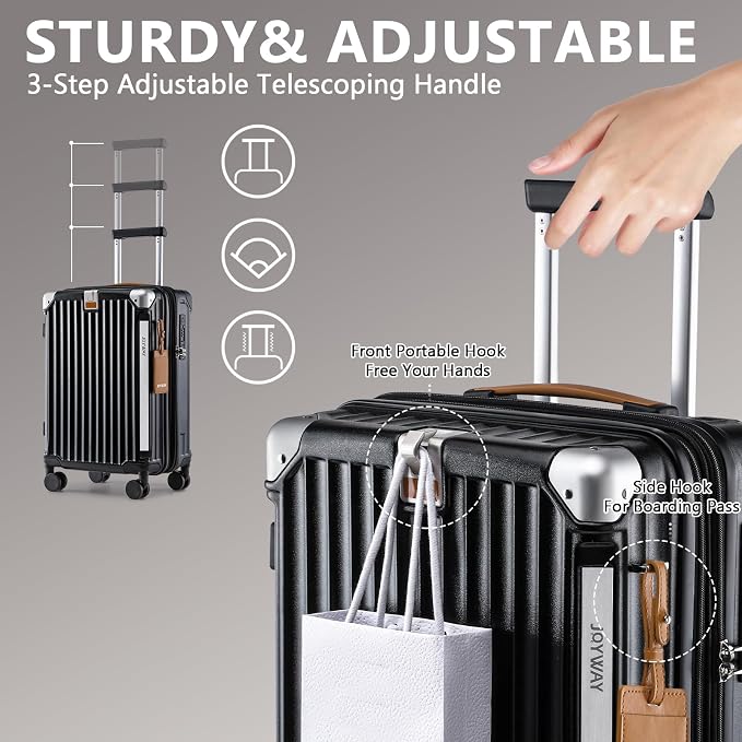Joyway 3 Piece Set Hardside Expandable Luggage with USB Charging Port and Cup Holder, TSA Lock Spinner Wheels Suitcase for International Travel, Lightweight Carry On Checked Baggage, Black - Image 3