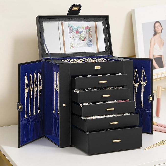 AKOZLIN 6-Tier Jewelry Box Organizer Functional 5 Drawers Leather Jewelry Storage Case for Women Girls Ring Necklace Earring Bracelet Holder Organizer with Mirror Extra Large BlackBlue - Image 6