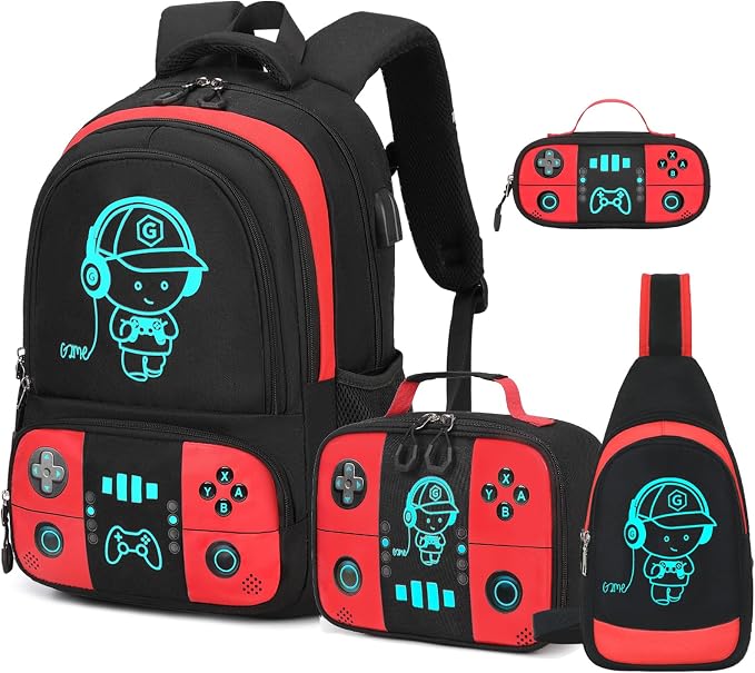 Bevalsa Backpack for School Boys, Cool Luminous Gamer Boys Schoolbag with Sling Bag,Lunch Box & Pencil Case for Kids Children Teens Elementary Middle School(Red Backpack with Shoulder Bag) by Bevalsa