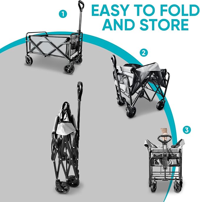 Collapsible Wagon with Quiet Wheels - Silent Grocery Shopping Cart for Seniors, Foldable Utility Cart for Laundry & Apartment, Washable Heavy Duty Rolling Wagon with Two Mesh Pockets, Gray - Image 6