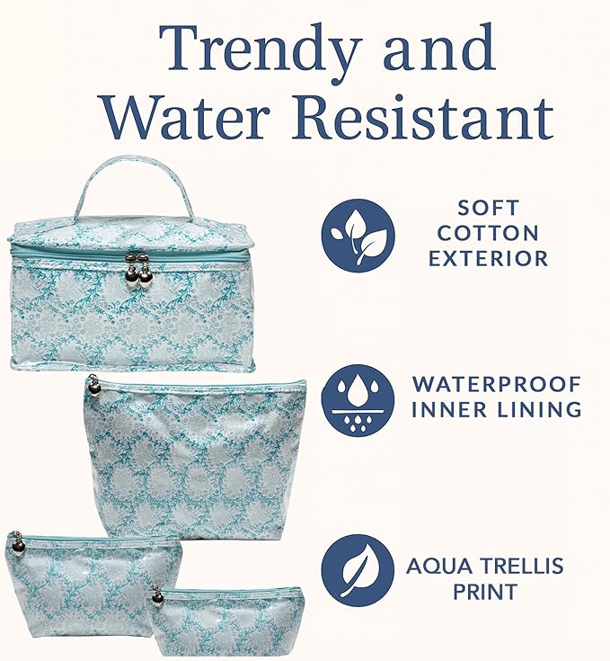 Jacaranda Living Large Cosmetic Bag - Water-Resistant, PVC-Lined - Aqua Trellis - Image 9