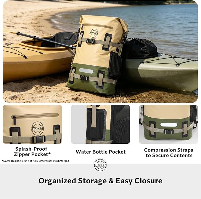 STOVER 40L Waterproof Dry Backpack & Phone Case - X-Large Floating Dry Bag for Kayaking, Travel, Hiking, Fishing, Camping, Motorcycles & Beach, Heavy-Duty Roll Top Men/Women (Tan/Army Green/Brown) - Image 6