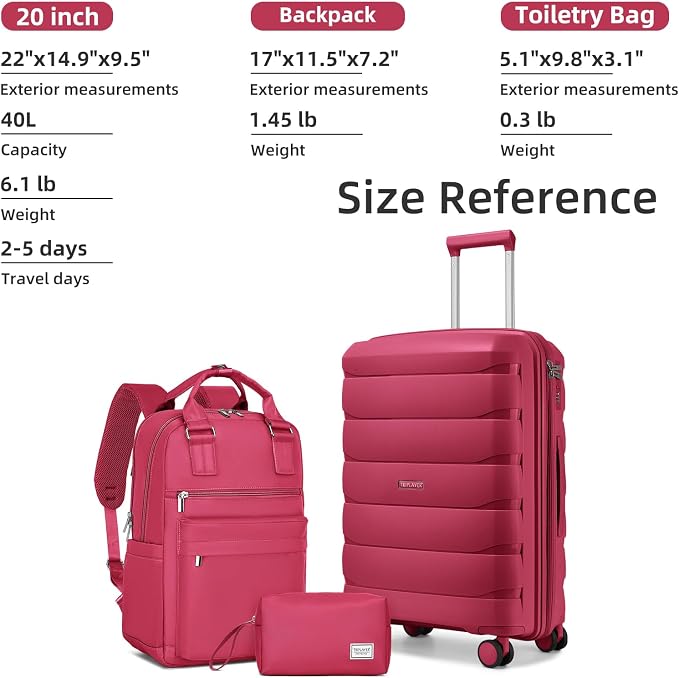 Carry On Luggage 22x14x9 Airline Approved, 22 Inch PP Hardshell Luggage Carry-on Suitcase with Spinner Wheels, Carry On Suitcase Set for Women(Rose Red) - Image 6
