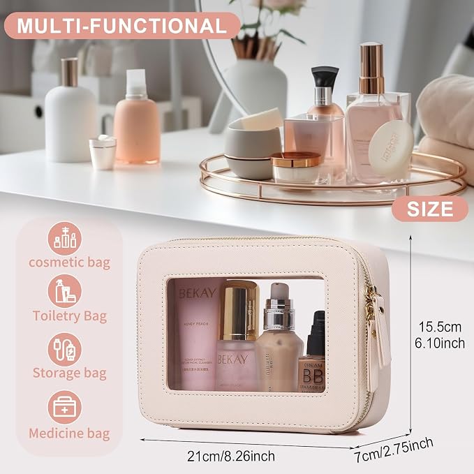Pinkmik Clear Makeup Bag for Women Waterproof Travel Cosmetics and Toiletries Case Portable Makeup Oaganizer Bag Clear Car Bag with Zipper (Beige, M) - Image 3