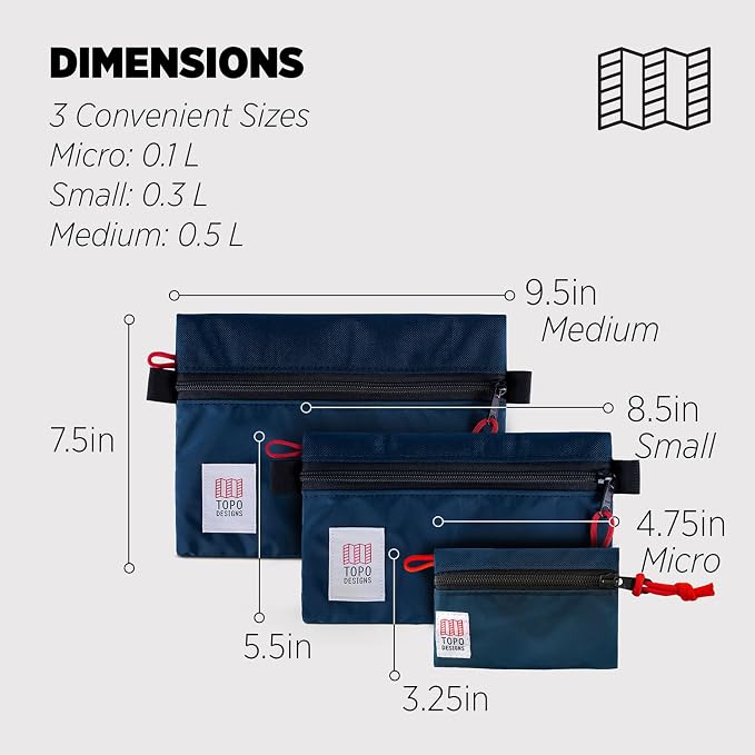 Topo Designs Accessory Bags, Travel Organizer Accessories for Smaller Items, Durable Storage Pouch, 3 Sizes, Fully Lined Pack Cloth (Micro, Navy/Navy) - Image 2