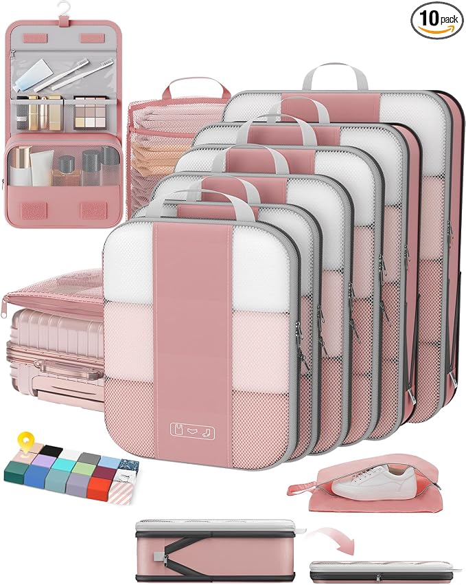 OlarHike 10 Set Compression Packing Cubes for Travel Essentials,Compressible Expandable Space Saver Bags for Organizing Clothes,Luggage Suitcase Garment Bags with Over 1000 pcs Mesh Holes(Light Coral) by OlarHike
