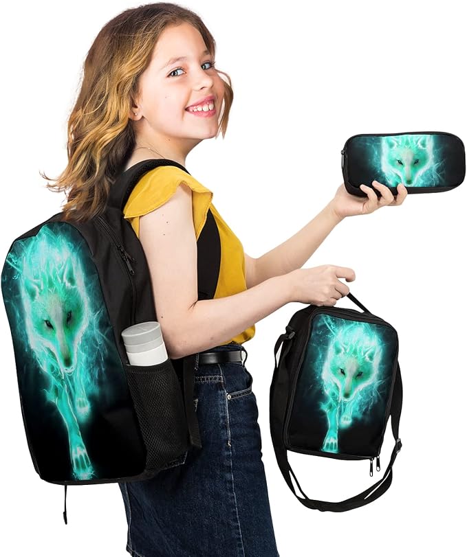 Giwawa Cyan Wolf Backpack 3-Piece Set, Cool Wilderness Animal Pattern Bookbag Lunch Bag Stationery Holder Case for School College Students Daily Essentials Camping Trips Outdoor Travel - Image 7