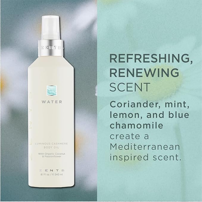 Zents Luminous Cashmere Body Oil (Water Fragrance) | Moisturizing Body Oil with Vitamin E & Organic Coconut Oil | Softens & Smooths Skin | 8 fl oz