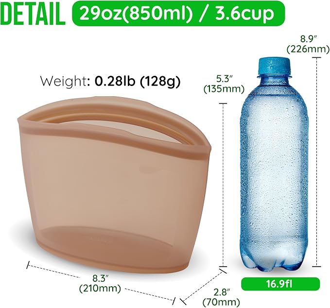 Reusable Silicone Sandwich Bag, 3.5 Cups, Food Storage Container, Made in Korea BPA-Free Platinum Silicone, Reusable Freezer Bag, Microwave Safe, Sous Vide, Lunch Baggies, 29oz, Brown | Reusable Zip Bag - Image 7