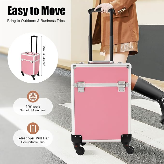 Makeup Train Case, Large Cosmetic Trolley with Locks, Aluminum Alloy Beauty Train Case Organizer, Pink - Image 5