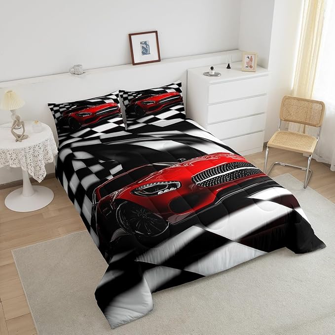Erosebridal Teen Race Car Comforter Set For Boys King Size Extreme Sports Car Bedding Set,Black White Checkered Grid Comforter Retro Red Cool Vehicle Automobile Quilt Duvet 2 Pillow Cases - Image 4