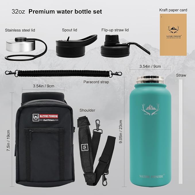 NATURE PIONEOR 32 oz Insulated Water Bottle with Carrier Bag & 3 Lids | 18/8 Food-grade Stainless Steel, Double Vacuum Insulation, 3 Leak-proof Lids, Strap, Camping, Hiking, Gym, Work - Image 5