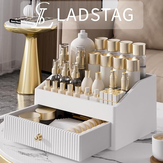 LADSTAG Makeup Organizer,Leather Skin Organizer with 1 Drawer&Tray,Luxury Beige White Makeup Storage for Perfume,Bedroom,Bathroom,Gifts for Women,Womens Gifts (White, 1-Drawer) - Image 2